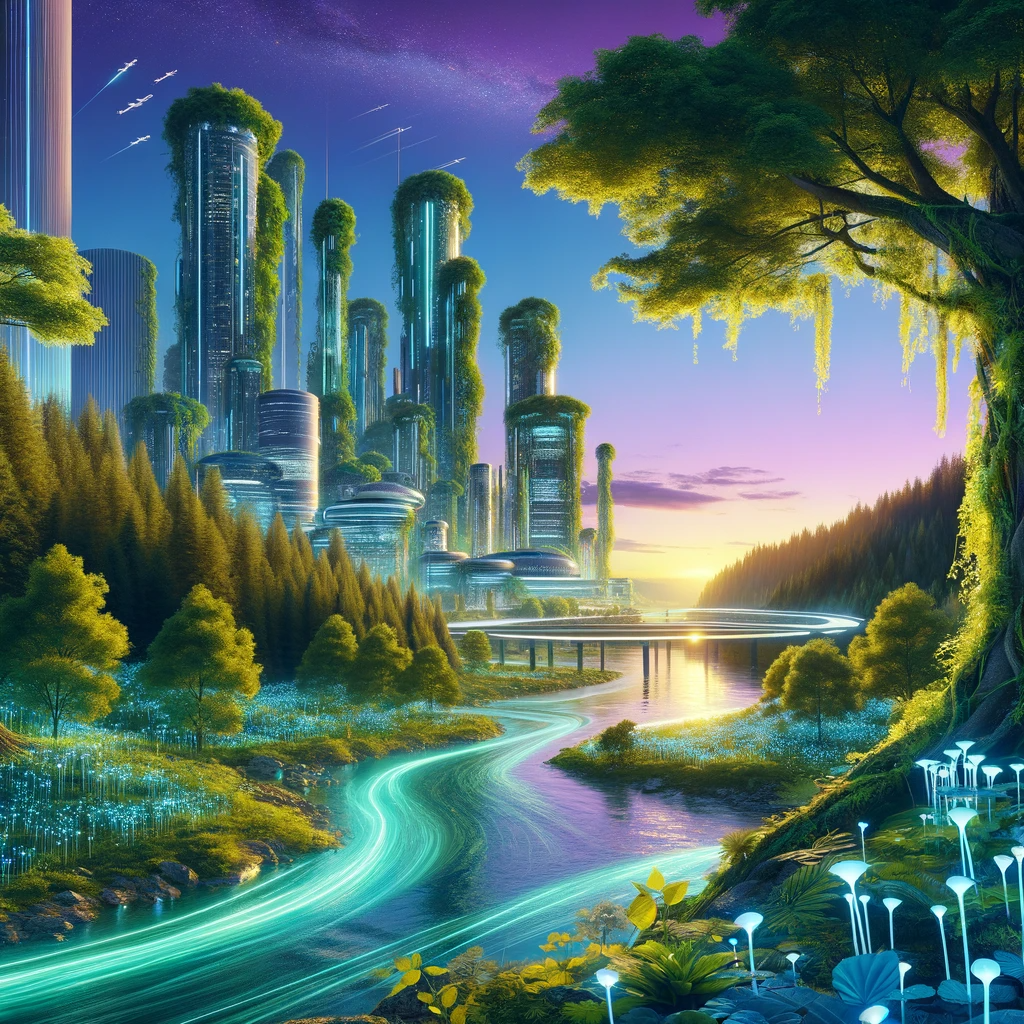 DALL·E 2023-12-24 12.48.53 - A futuristic landscape blending nature and technology, with towering trees and lush greenery intertwining with sleek, high-tech structures. The sky is